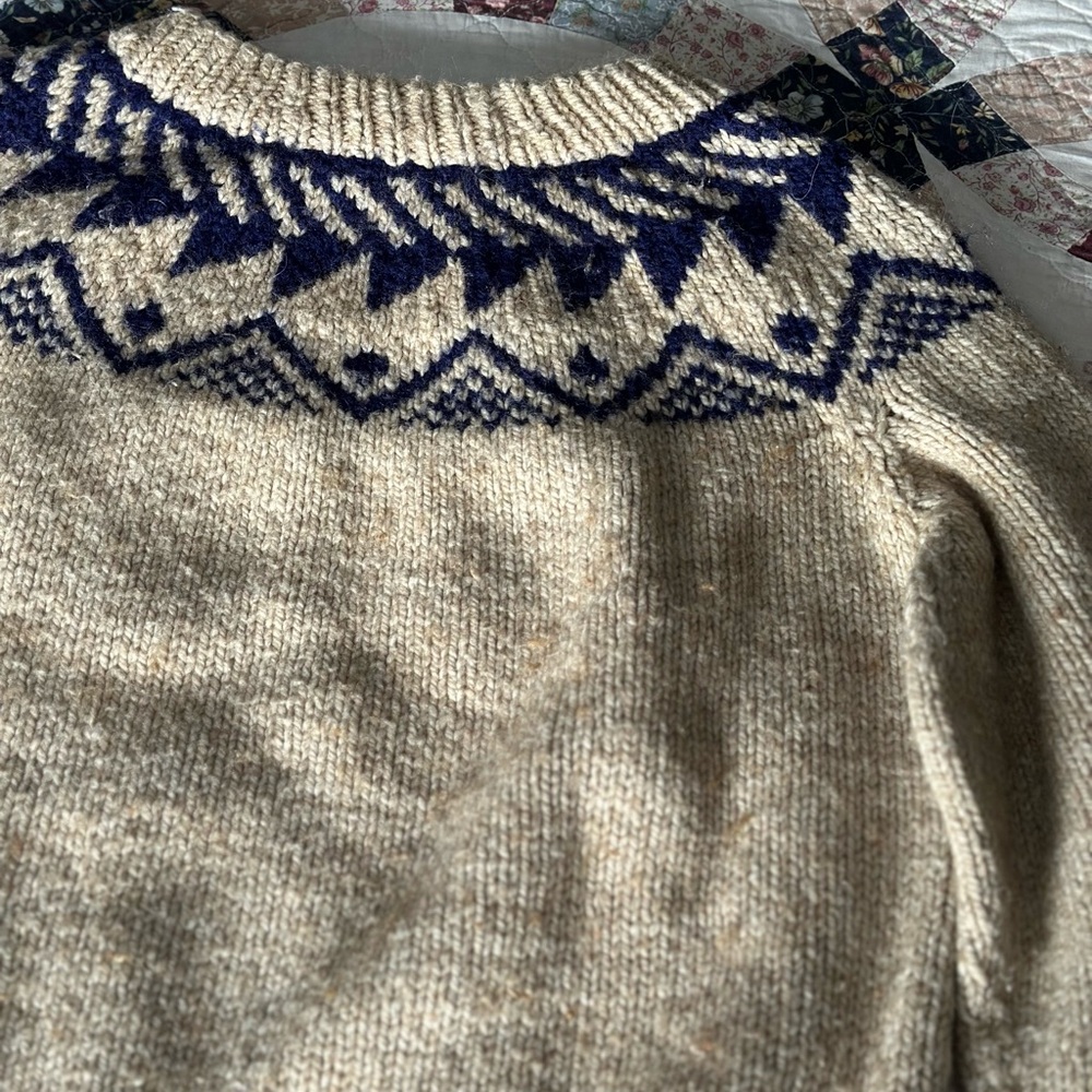 Hand Knit Cozy Beige and Navy Patterned Sweater